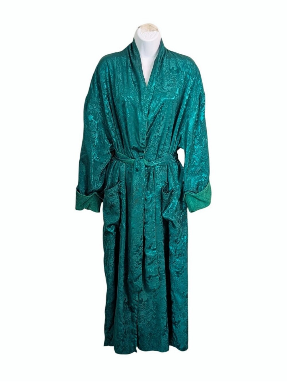 Victoria's Secret Vintage Gold Label Satin Robe Sz S Jade Green Jacquard Damask